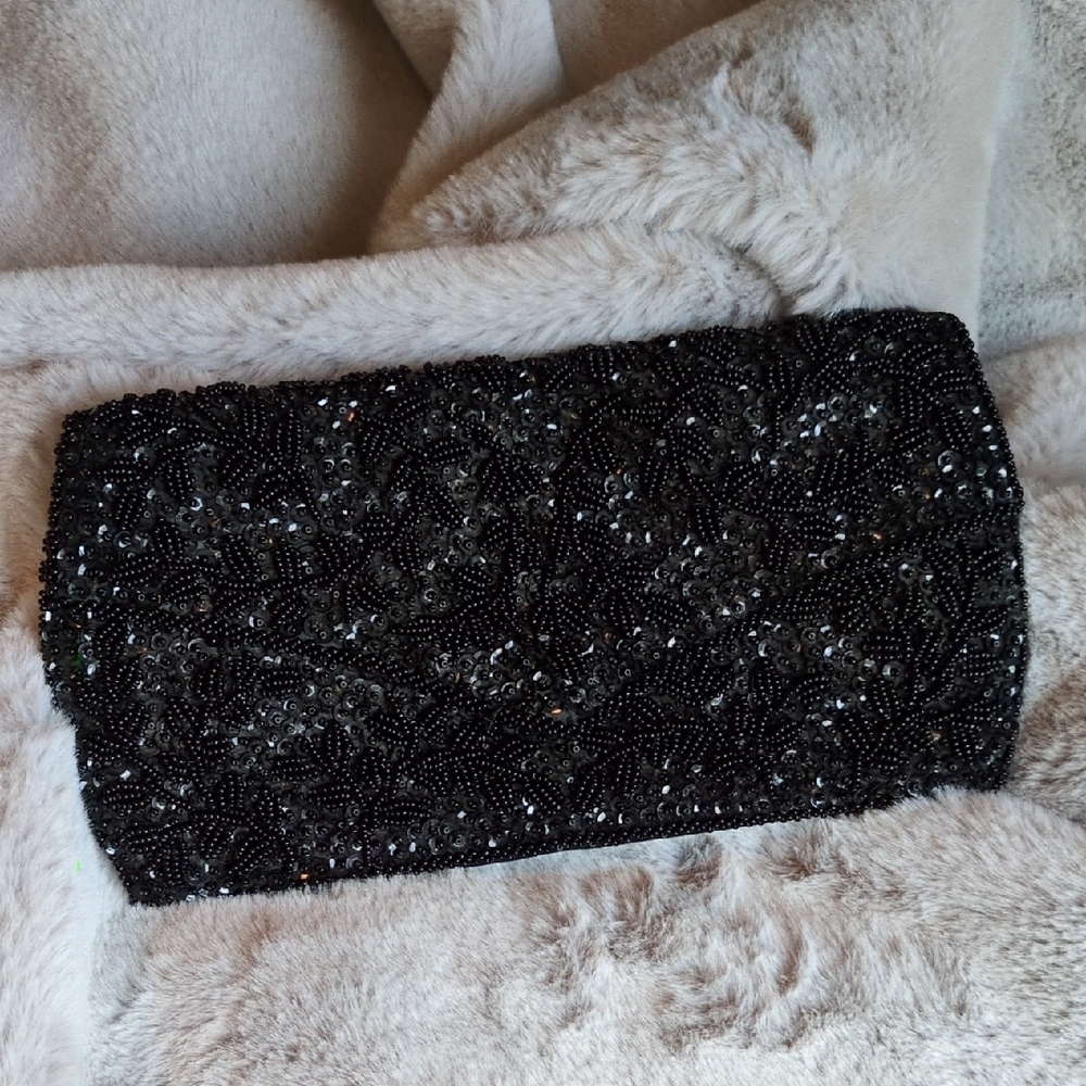 Elegant Vintage Black Beaded and Sequined Evening Clutch Bag